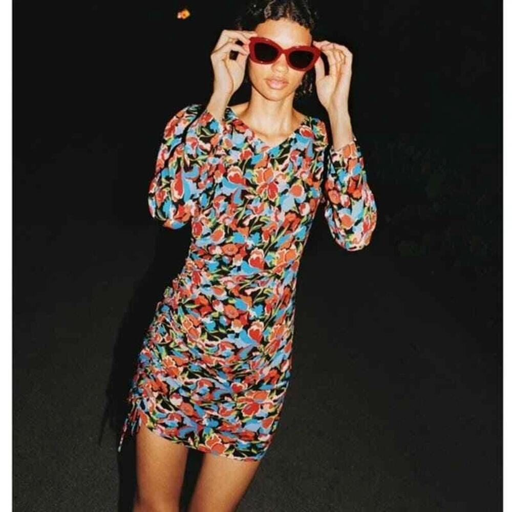 Zara Floral Ruched Bodycon Mini Dress Keyhole Button Back Long Sleeve S Red Blue